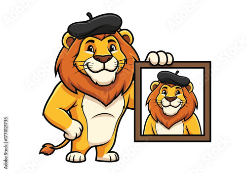 An adorable cartoon lion artist wearing a beret proudly displays his framed self-portrait.