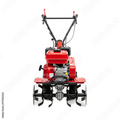 Straight-on shot of a red and black motorized garden tiller against a black background, highlighting its metal components