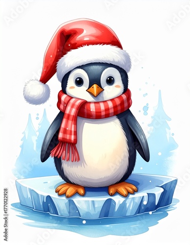 Pinguin auf einer Eisscholle mit Nikolausmütze passend zu Weihnachten