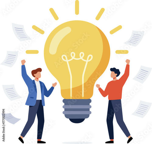 Eureka! Creative idea bulb moment with celebratory gestures and flying papers