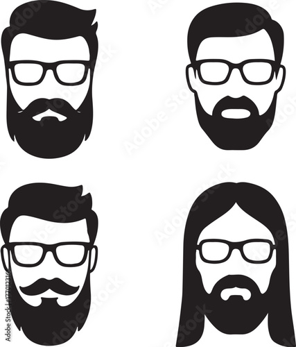 PrintFour stylized male faces with beards and glasses