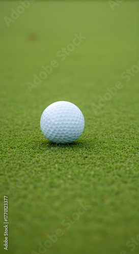 Close-up of a white golf ball on manicured green grass.
