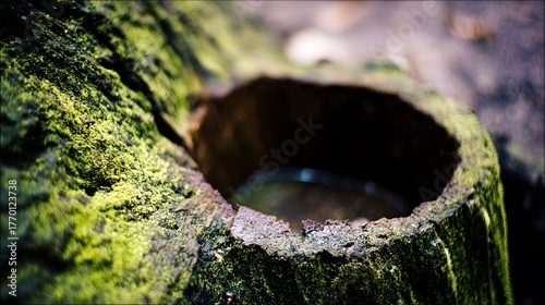 hollow. Hollow tree trunk collecting rainwater in a forest setting. ESG reports, sustainability campaigns, designed for sustainability communications and ESG reporting, drives climate awareness.
