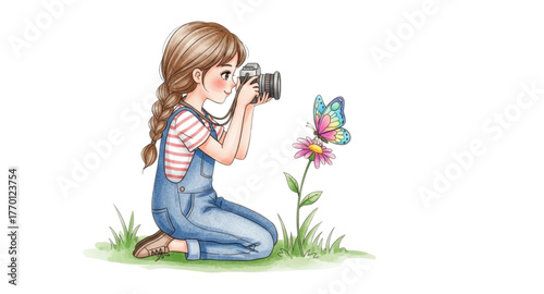 A girl is taking pictures of flowers and butterfly