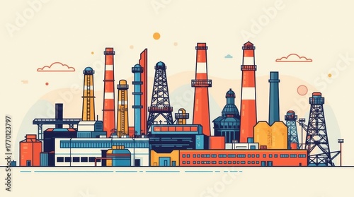 Bold industrial skyline illustration shows factory towers and detailed building structures with striking colors