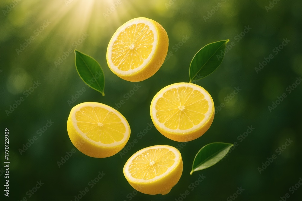 Fototapeta premium lemon slices floating in air with green leaves and sunlight rays