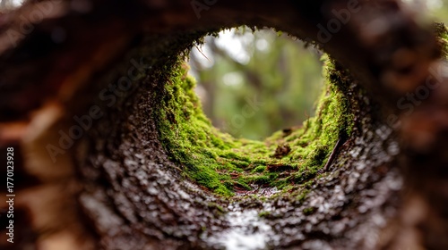 hollow. Hollow tree trunk collecting rainwater in a forest setting. ESG reports, sustainability campaigns, designed for sustainability communications and ESG reporting, drives climate awareness.