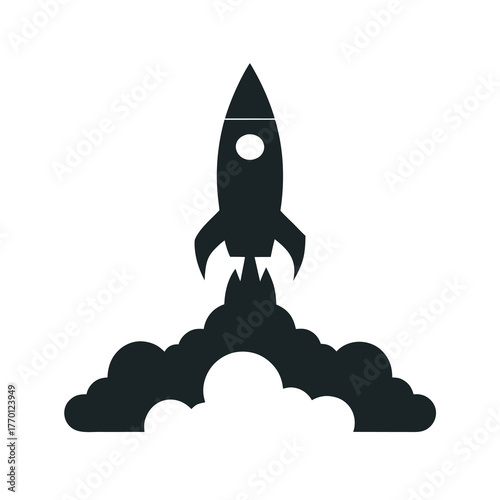 Simple rocket in cloud launch silhouette icon clean vector design for aerospace exploration and adventure illustration