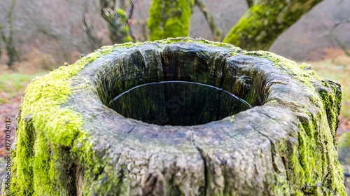 hollow. Hollow tree trunk collecting rainwater in a forest setting. ESG reports, sustainability campaigns, designed for sustainability communications and ESG reporting, drives climate awareness.