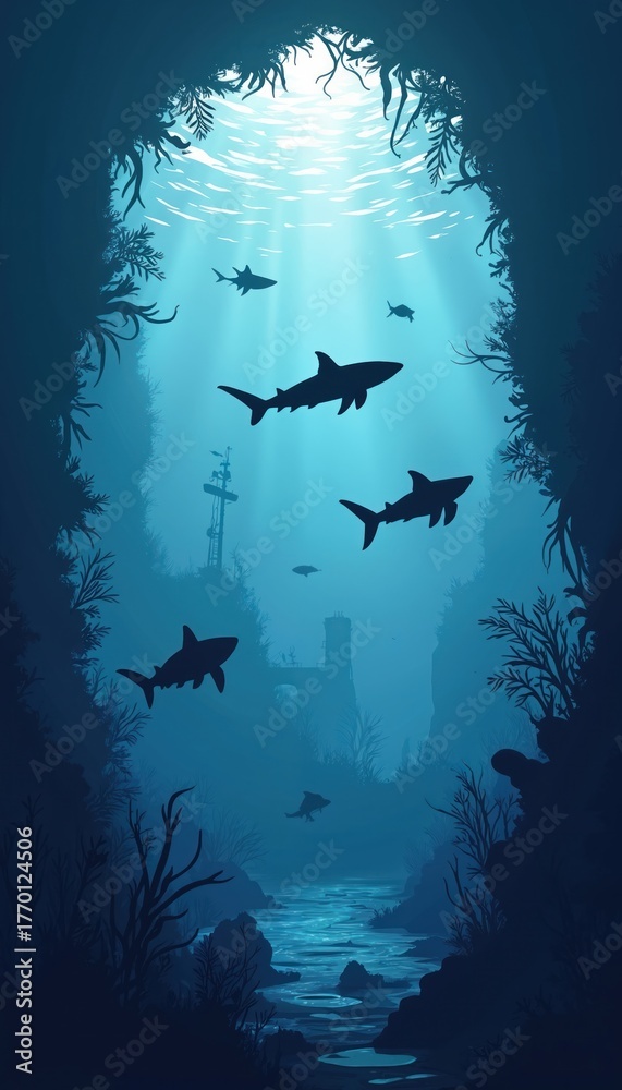 Fototapeta premium Sharks and sea creatures swim in deep blue ocean. Sun rays pierce water surface above underwater ruins and sunken ship. Marine life explores abyss.