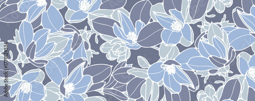 Floral background with abstract pattern of magnolia branches. Luxury vector horizontal template for Valentine's Day greeting card, wedding invitation, flyer, gift certificate for March 8.