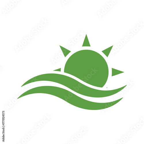 Green sun rising over wavy water symbol, vector art, symbolic Logo