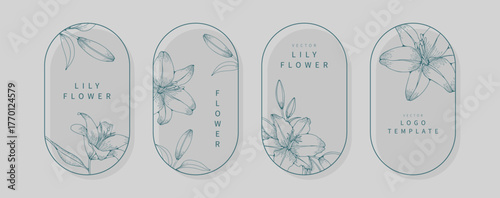 Set of hand drawn logo templates with lily flowers. Floral illustration with elegant typography. Symbol for cosmetics, jewelry, beauty products with feminine style.