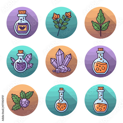 Mystical alchemy icon set with magic potions, enchanted herbs, natural ingredients, and sparkling crystals for fantasy designs