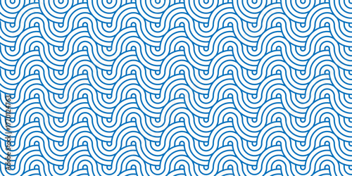 Abstract vector seamless pattern overlap blue waves geometric overlapping swirl vintage textile curl tile fabric texture background.	