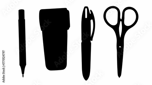 Office essentials ready for back to school or office work including pen, scissors, highlighter, and marker, isolated for easy use in your designs