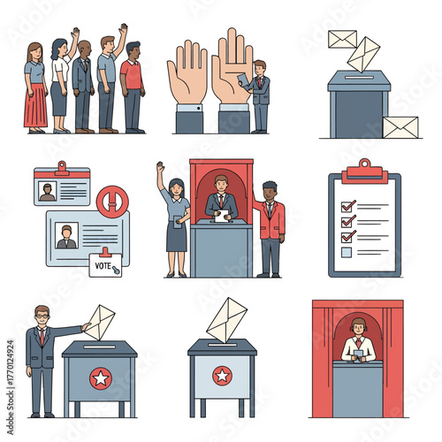 A collection of colorful illustrations showing the various stages of the democratic voting and election process