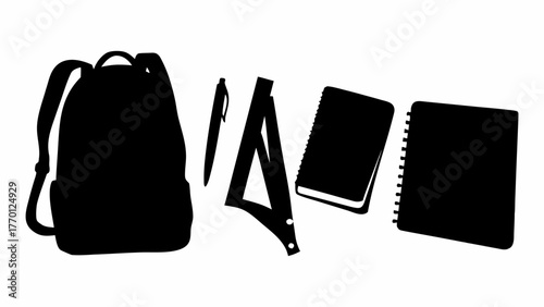 Back to school essentials featuring a backpack, pen, set square and notebooks, ideal for education, student life, and academic projects, originally vector graphics