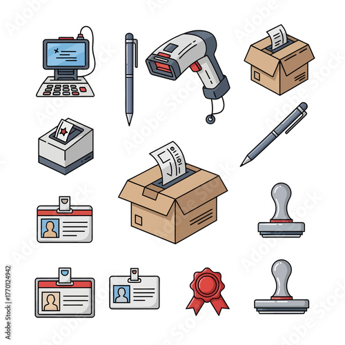 A set of colorful line art icons representing the democratic process of voting and elections, including ballot boxes and identification