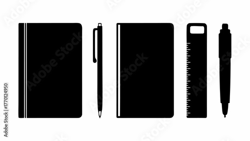 Stationery essentials for creative projects, including notebooks, pens, and ruler, ideal for students, designers, and office organization needs