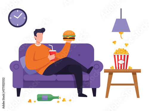Man relaxing on sofa eating burger and popcorn Leisure time at home
