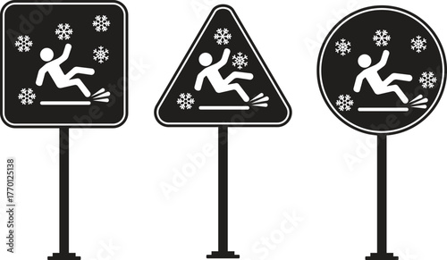 Ice Slippery Surface Sign Icon set. Danger Slippery Floor Symbol Sign. Caution Signs for Snow and Ice Hazards. Alert for Slippery Road Conditions. Hazard slippery surface wet floor sig.