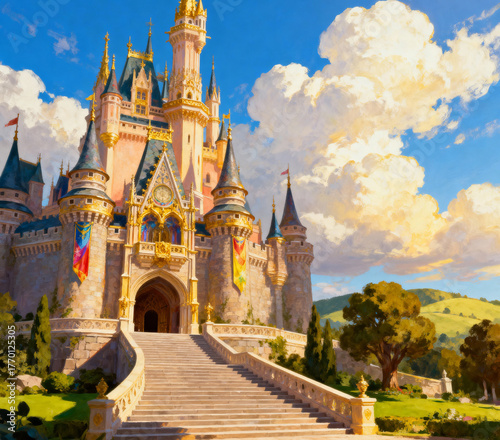 Wallpaper Mural Magical fairytale castle under a bright blue sky with fluffy clouds Torontodigital.ca