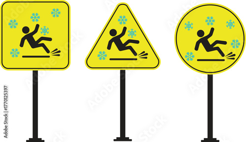 Ice Slippery Surface Sign Icon set. Danger Slippery Floor Symbol Sign. Caution Signs for Snow and Ice Hazards. Alert for Slippery Road Conditions. Hazard slippery surface wet floor sig.