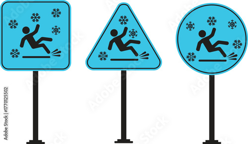 Ice Slippery Surface Sign Icon set. Danger Slippery Floor Symbol Sign. Caution Signs for Snow and Ice Hazards. Alert for Slippery Road Conditions. Hazard slippery surface wet floor sig.