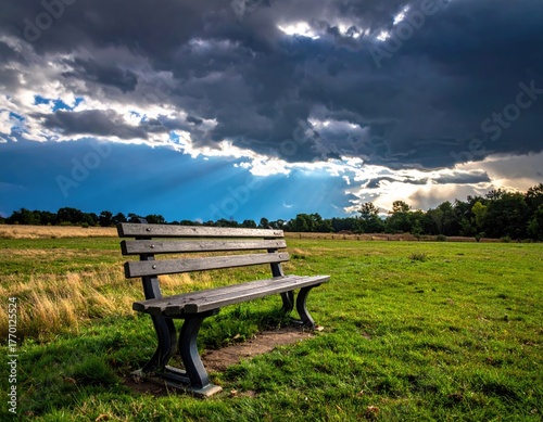 Bench under stormy, sun-streaked sky