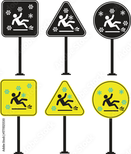 Ice Slippery Surface Sign Icon set. Danger Slippery Floor Symbol Sign. Caution Signs for Snow and Ice Hazards. Alert for Slippery Road Conditions. Hazard slippery surface wet floor sig.