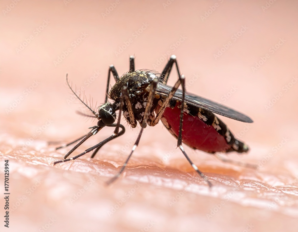 Fototapeta premium Mosquito Sucking Blood On Human Skin Close Up View