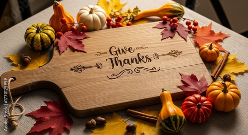 Festive Thanksgiving arrangement featuring a wooden cutting board engraved with 'Give Thanks' surrounded by pumpkins and fall foliage, concept for seasonal greeting cards, autumn-themed decorations