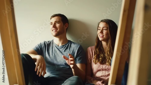 Young caucasian couple sits intimately on a polished wooden floor in a new, sunlit room, planning their future. Sawhorses in foreground. Hopeful concept of home ownership