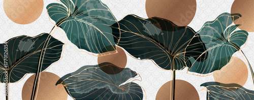 Gold lines luxury watercolor design with tropical leaves. Abstract vector illustration in Chinese style