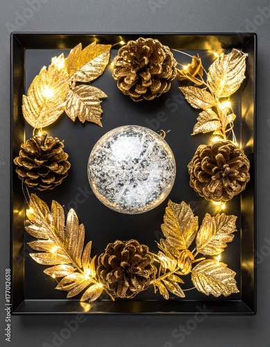 Holiday decoration cones, lights, leaves