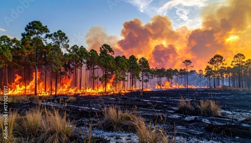 Wildfire blazing through tall trees