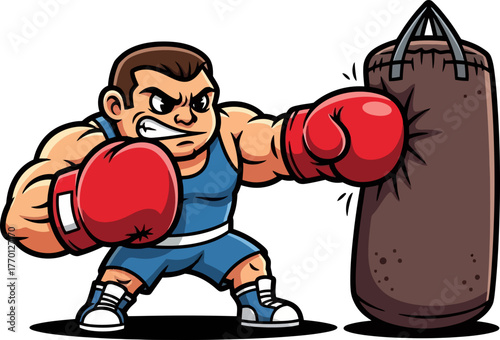 determined cartoon boxer mascot delivers ferocious punch, forging unyielding willpower within, isolated on transparent background
