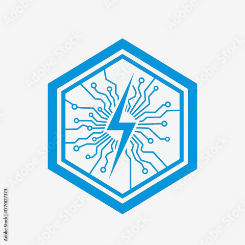 Blue hexagon with lightning bolt and circuit board design.