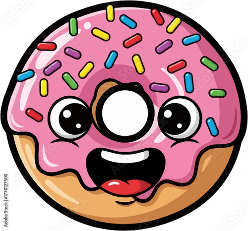 vibrant pink donut mascot bursts with delicious excitement and happy sprinkles, isolated on transparent background