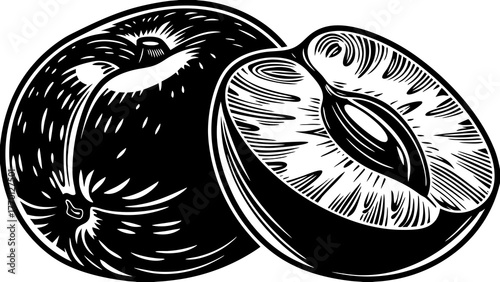 Illustration of two plums one whole and one sliced in half in black and white style drawing on transparent background silhouette