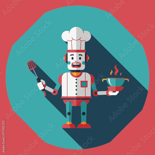 Robot chef holding a pot and spatula on a red background.