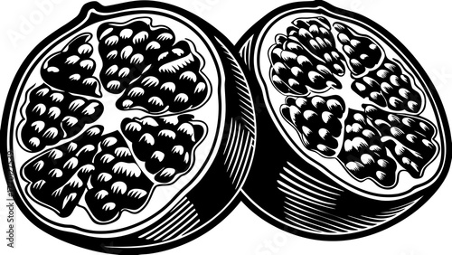 Illustration of two pomegranate halves with seeds shown in black and white outline design style drawing on transparent background silhouette