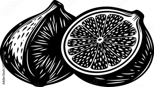 Two figs illustrated in black and white with one sliced open showing the fruit inside clearly on transparent background silhouette