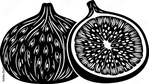Illustration of two figs one whole and one halved showing the seeds in black and white style drawing on transparent background silhouette