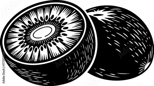 Illustration of a halved kiwi fruit showing the seeds with another whole kiwi fruit in the background on transparent background silhouette