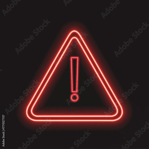 Red neon warning sign with exclamation point on black background.