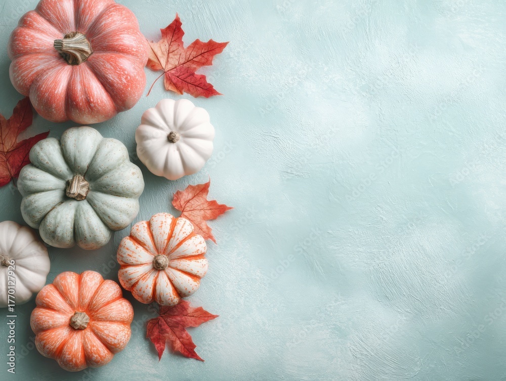 Fototapeta premium Pastel autumn composition with colorful pumpkins and red maple leaves on light blue textured background ideal for fall minimal designs and Thanksgiving visuals