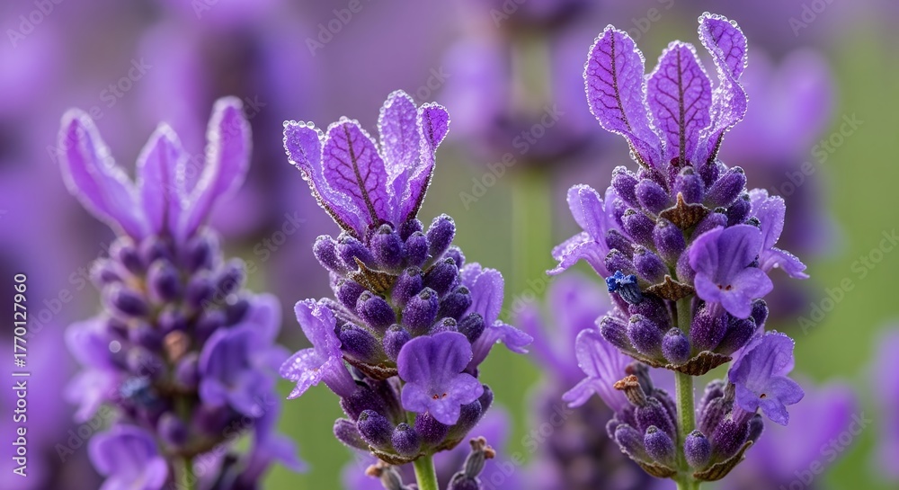 Obraz premium Close up of lavender flowers with dew drops on petals and soft, blurred background. Concept for aromatherapy session, herbal medicine and natural cosmetics ingredient