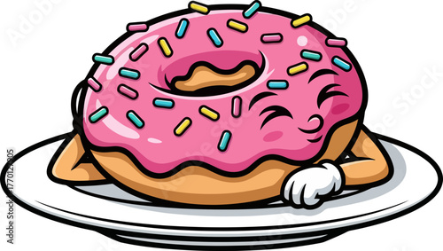 contented cartoon donut character finds serene comfort on its plate, isolated on transparent background